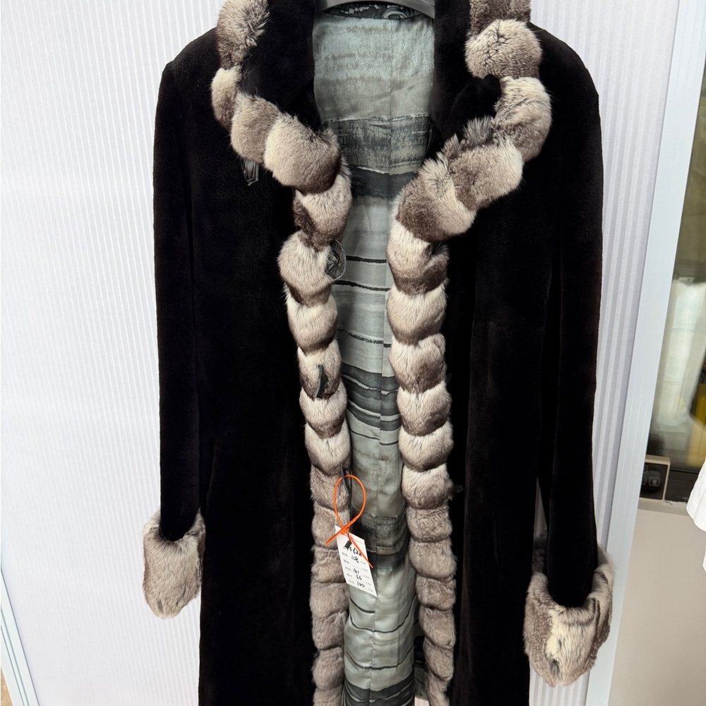 Saga Furs sheared mink jacket w/ chinchilla tux + cuffs